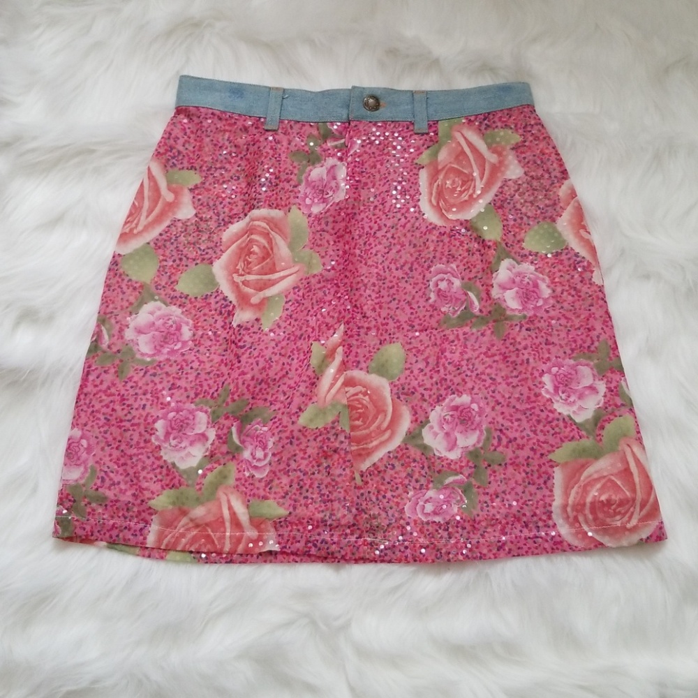 Pink Flowers Sequin Style Skirt